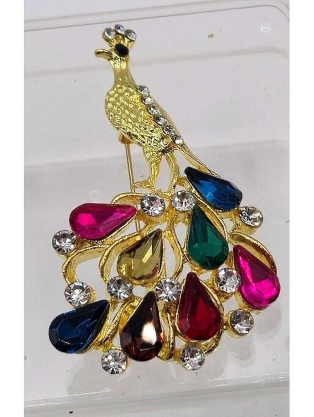 Multi-Colored Rhinestone And Glass Peacock Brooch Unbranded